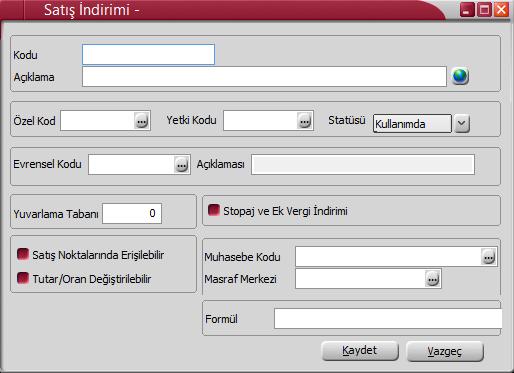 Satış İndirim Bilgileri Satış indirimleri, her indirim için ayrı ayrı kaydedilir. Satış indirim tanımı penceresinde aşağıdaki bilgi alanları yer alır: Satış İndirim Kodu: Satış indirimi kayıt kodudur.