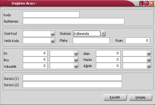 Dağıtım Aracı Bilgileri Yeni dağıtım aracı bilgileri Dağıtım Araçları listesinde Ekle seçeneği ile kaydedilir. Kayıt bilgileri şunlardır: Kod: Dağıtım aracının kodudur.