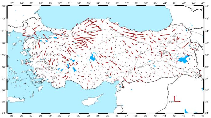 Türkiye Ulusal Temel GPS Ağı Güncel Koordinat ve Hızlarının Hesaplanması Koordinat farklılıklarının olduğu kesimlerde aynı zamanda hızlarda da farklılıkların olması nedeniyle söz konusu koordinat