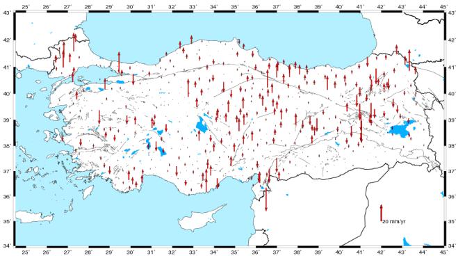 B.Aktuğ vd. Şekil 5. 005 yılında yapılan çözüm ile yeni çözüm arasında deprem sonrası yatay hız farkları.