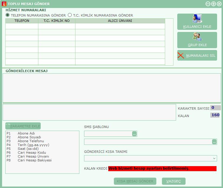 Toplu mesaj gönderiminde, SMS gönderilecek kişiler Kullanıcı Ekle ya da Grup Ekle seçenekleri ile belirlenir. Kullanıcı Ekle seçilirse Mobil Aboneler listelenir ve seçim yapılır.
