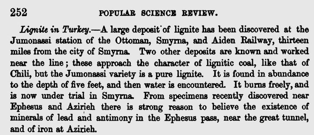 The Popular Science Review dergisinin 1865 say s nda yay mlanan Türkiye de Linyit bafll kl haber.
