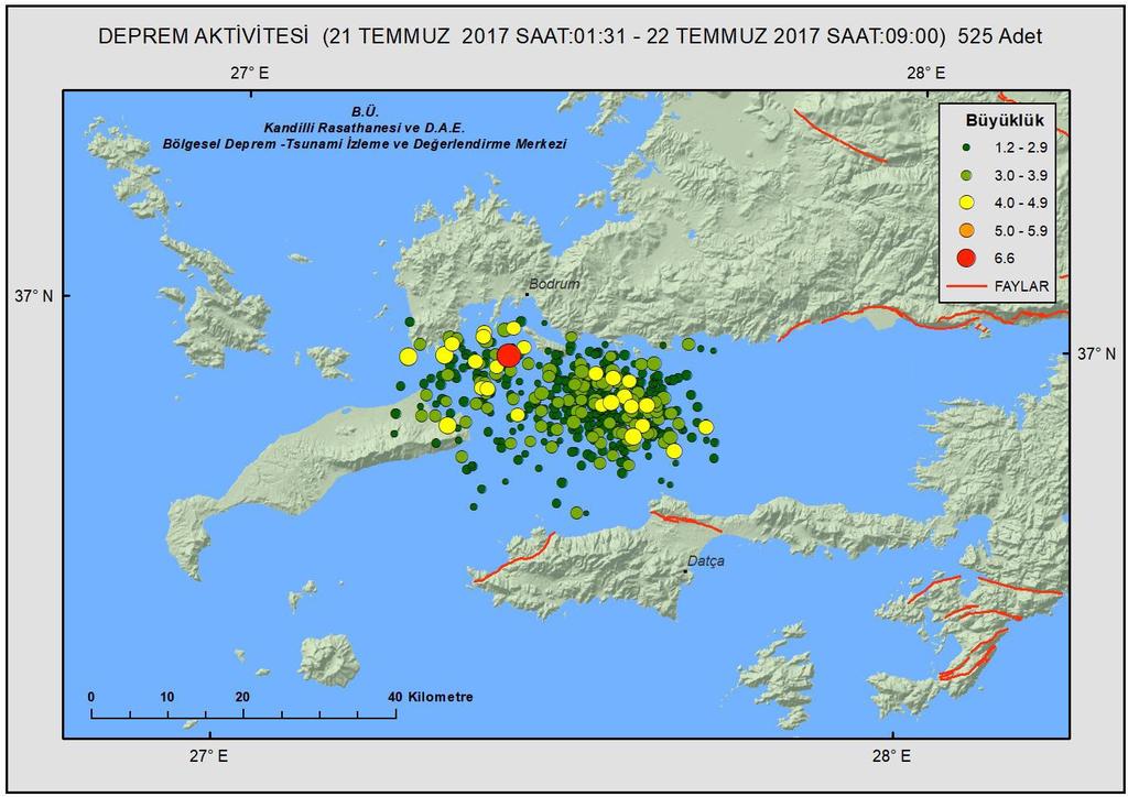 Şekil 1. Gökova depremi ana şoku ve artçı depremlerin dağılımı (KOERI, 20