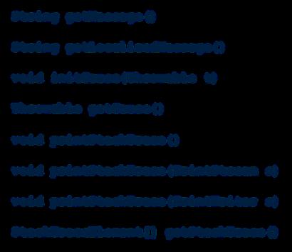 Throwable API: Metotlar Ø Throwable nesnesi yakalanınca üzerinde metotlar yardımıyla bazı bilgilere ulaşılır: String getmessage() String getlocalizedmessage() void