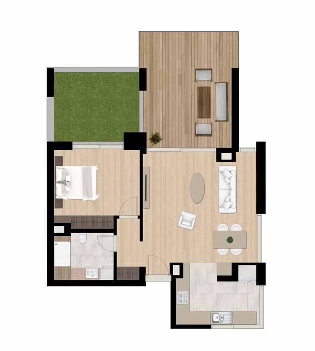 1+1 Kat Planı 6 NET BRÜT GENEL BRÜT 67.38 m² 124.05 m² 166.90 m² 1 Giriş Holü 2 Mutfak 3 Salon 4 Banyo 1 5 Yatak Odası 1 6 Deck Bahçe 5.89 m² 11.83 m² 28.09 m² 6.55 m² 15.02 m² 25.18 m² 14.