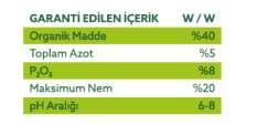 Zengin fosfor içerikli organik katı gübremiz, organik tarımda kullanıma uygun olmak üzere taban gübresi olarak toprağın yapısını düzenler ve gerekli makro ve mikro besin elementlerini sağlar.