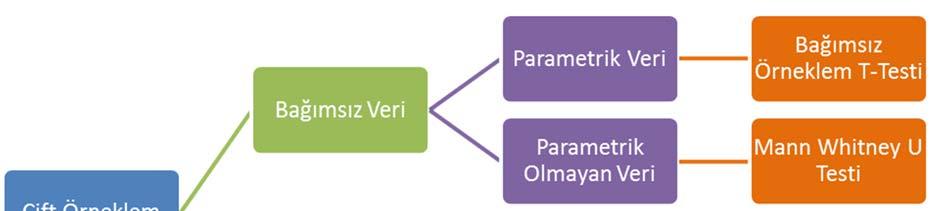 Eğer veriler bağımsız ise yani iki farklı grubun aynı zamandaki durumlarını betimliyorsa, o zaman, normal dağılma varsayımına uyan veri setleri için bağımsız örneklem t testini, normal