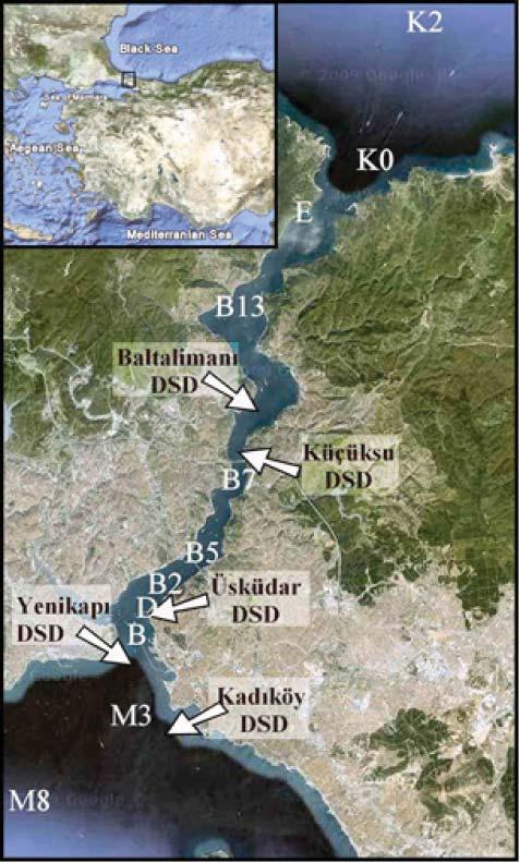 - 308-7. Kıyı Mühendisliği Sempozyumu Şekil 1 Çalışma Alanı (İstanbul Boğazı), Derin Deniz Deşarjları ve çalışmada kullanılan verilerin toplandığı istasyonlar.