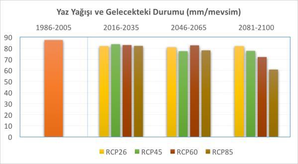 2046-2065 dönemi için yaz mevsimine ek olarak sonbaharda da biraz azalma beklenebilir. Bu dönemde RCP8.5 senaryosu diğerlerinden ayrışarak her mevsim azalma öngörmektedir.