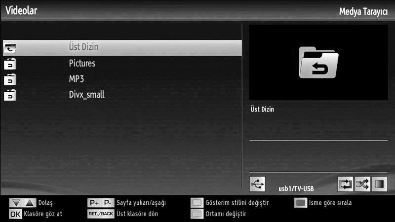 Eğer USB aygıtlarınızın her ikisi de müzik, resim veya video dosyaları içeriyorsa, USB seçimi menüsü görüntülenecektir. TV ye ilk bağlanan USB aygıtı USB Sürücüsü 1 olarak adlandırılacaktır.