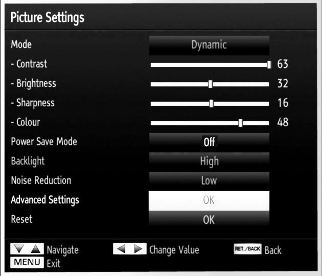 Configuring Picture Settings You can use different picture settings in detail. Press MENU button and select the Picture icon by using or button. Press OK button to view Picture Settings menu.