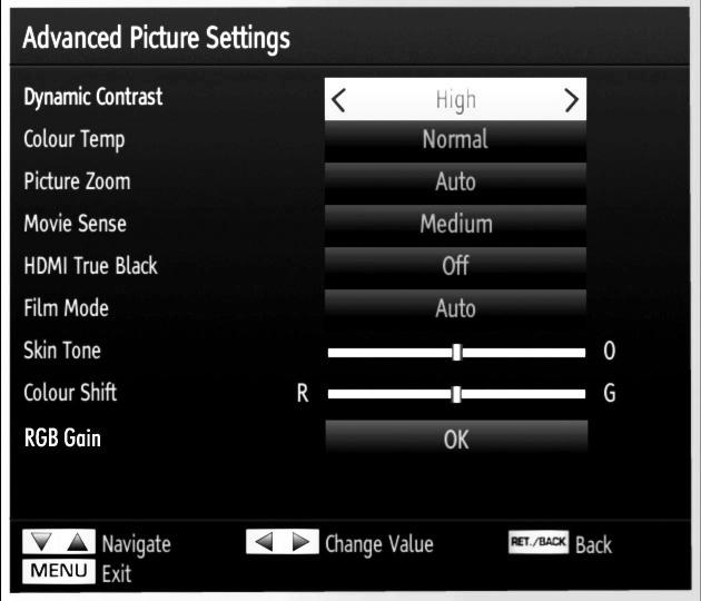 Picture Settings Menu Items Mode: For your viewing requirements, you can set the related mode option. Picture mode can be set to one of these options: Cinema, Game, Dynamic and Natural.