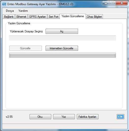 2.4 Yazılım Güncelleme Bu sekmeyi kullanarak EMG içerisine güncellenmiş yazılımları yükleyebilirsiniz. Bunun için; i. Aç butonuna basarak yükleyeceğiniz dosyayı seçin. ii.