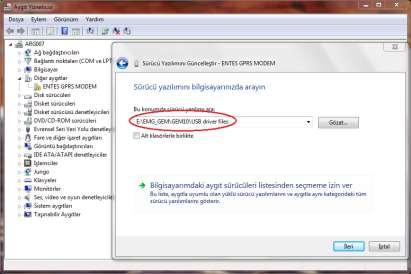 sürücüsü içerisinde driver dosyaları dizini seçilir.