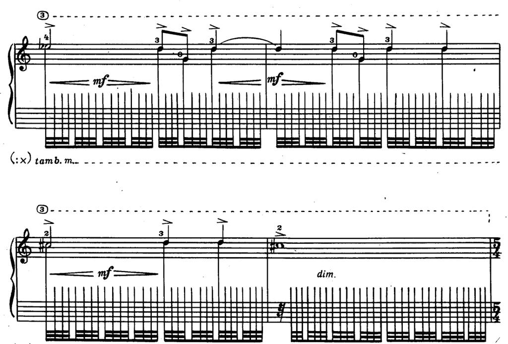 (Görsel 3, Nikita Koshkin, The Prince s Toys, IV. Bölüm Toy Soldiers, 58. 63. ölçüler arası) 3.3. Bartok Pizzicato Bartok Pizzicato su tellerin sert bir şekilde gitar gövdesinin aksi yönüne doğru çekilerek gerçekleştirilen bir tekniktir.