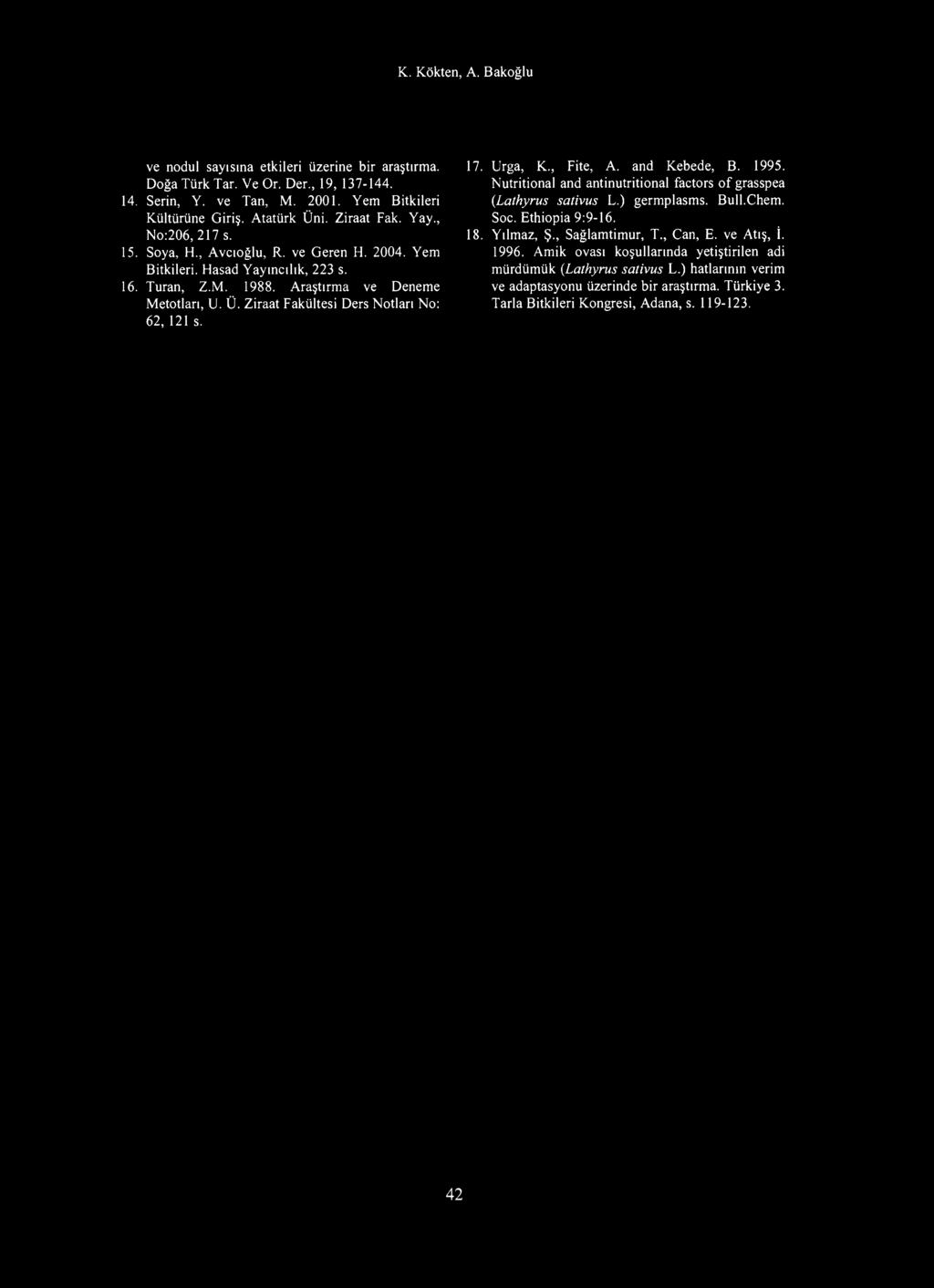 K. Kökten, A. Bakoğlu ve nodul sayısına etkileri üzerine bir araştırma. Doğa Türk Tar. Ve Or. Der., 19, 137-144. 14. Serin, Y. ve Tan, M. 2001. Yem Bitkileri Kültürüne Giriş. Atatürk Üni. Ziraat Fak.