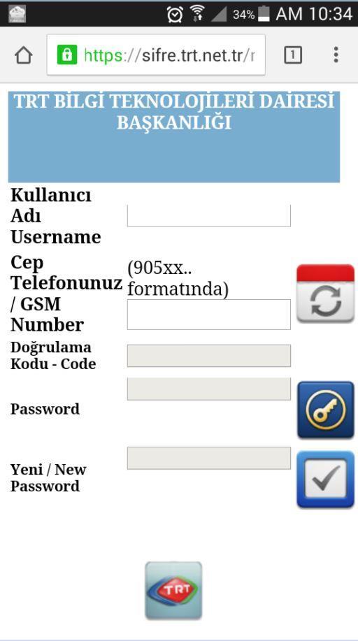 -Mobil şifre sıfırlama sayfası -Şifre Sıfırlamak için; kullanıcı adınızı adi.soyadi (@trt.net.