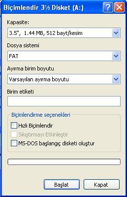 Biçimlendir seçeneği bir disketin içerisindeki bütün dosya ve klasörleri silerek boş bir disket haline getirmektedir. Bu seçenek diğer sürücülerde de kullanılabilir.