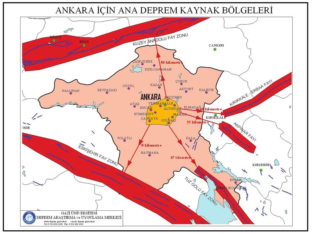 SENARYO DEPREMİ Ankara için deprem senaryosu deterministik metod kullanılarak Tuz Gölü Fay Zonu üzerinde Şereflikoçhisar yakınlarında 33.58D boylamı ve 38.91K enleminde meydana gelebilecek Ms : 7.