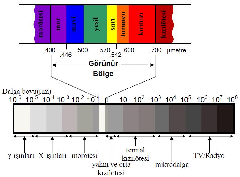 7 Şekil 3.1. Elektromanyetik spektrumda dalga boyu aralığı 3.3. Bant Kavramı Ve Görüntü Sınıfları Bir uzaktan algılama sisteminde algılayıcı enerjiyi (ışığı) algılar, ölçer ve miktarını bilgisayarın okuyabileceği bir sayıya çevirir.