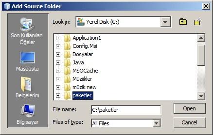 Daha önce Not Defteri ile hazırlayıp \paketler klasörüne yerleştirdiğimiz paketleri NetBeans ile hazırladığımız bu uygulama dahilinde kullanmak isteğimiz için Add Folder düğmesini tıklayıp ekrana