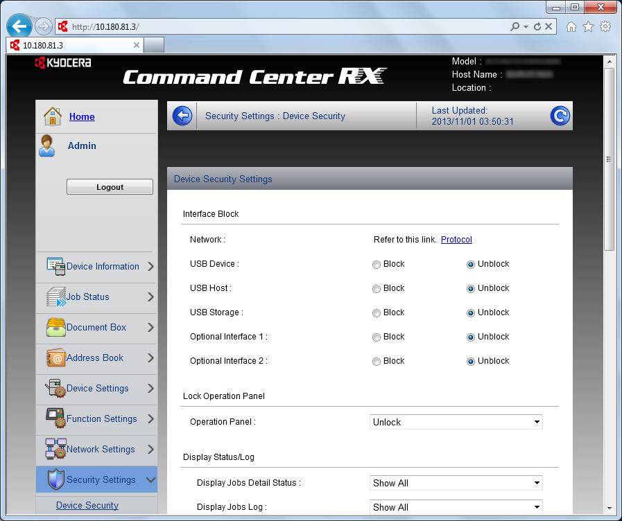 Makinenin Kurulması ve Ayarlanması > Command Center RX 2 Güvenlik ayarlarını yapılandırın.