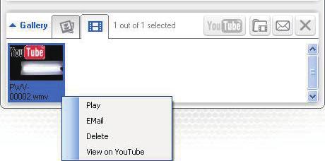[Oynat] : Seçilen videoyu oynat r [E-posta] : Seçilen videoyu e-posta ile gönderir [Sil] : Seçilen videoyu siler [Video yu YouTube a yükleyin] : Seçilen videoyu YouTube a yükler.