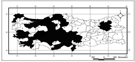 129 Harita 1.34. Agapanthia lateralis Ganglbauer, 1884: in Türkiye deki Yayılışı EK-1.
