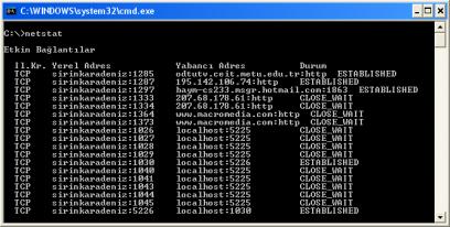 Netstat Komutu TCP/IP bağlantılarını,