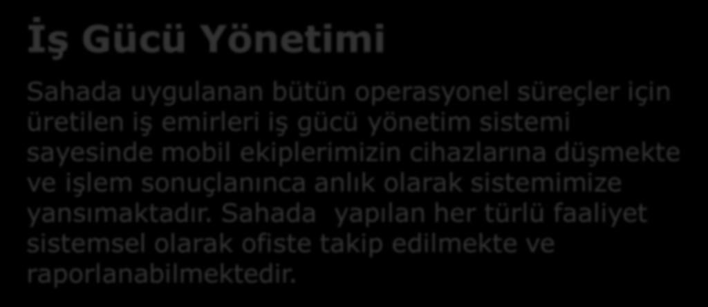 Projelerimiz İş Gücü Yönetimi Sahada uygulanan bütün operasyonel süreçler için üretilen iş emirleri iş gücü yönetim