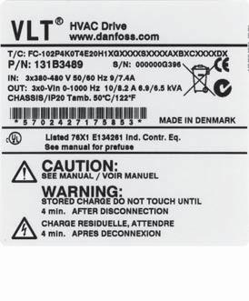 1 Giriş VLT HVAC Sürücü İşletim Yönergeleri 1 1.1.4 Frekans dönüştürücü tanımlaması Aşağıda tanımlama etiketi örneği vardır.