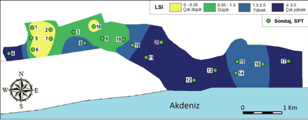 44 Lara - Kundu (Antalya) Düzlüğünün Sıvılaşma Şiddeti İndeksi ne (LSI) Dayalı Sıvılaşma Haritası Dipova, Cangir haritasının sondajlardan uzaklaşan bölgelerinde kısmen bazı belirsizlikler