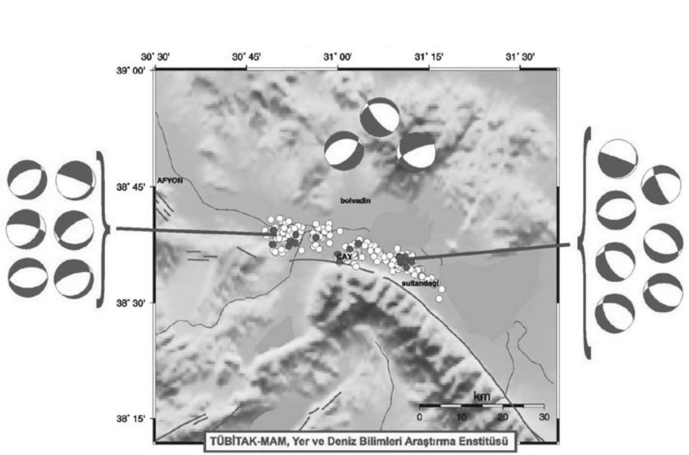 Daha sonra 3 Şubat 2002 Sultandağı depreminden sonra bölgede meydana gelen toplam 16 adet artçı depremin odak mekanizma çözümlerinden elde edilen P-ve T-eksenlerinin azimut ve dalım değerleri