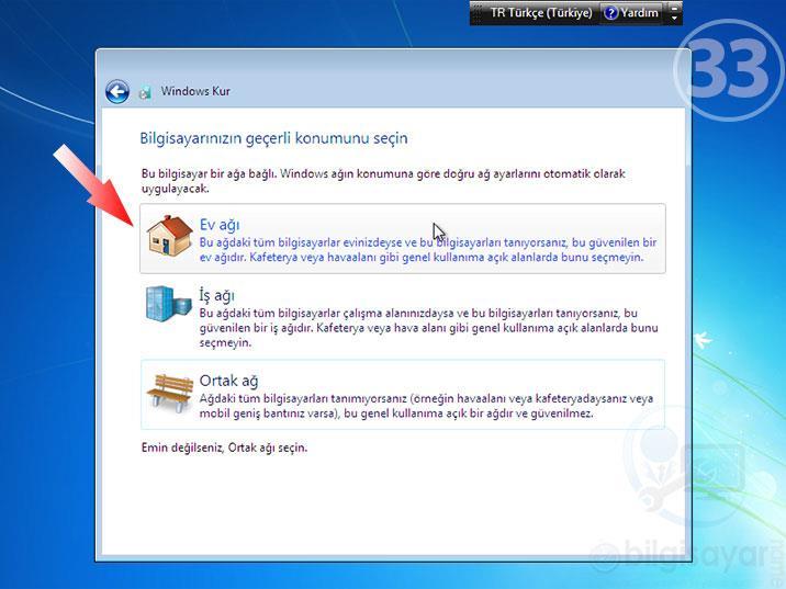 33.ADIM: Otuzüçüncü adımda ağ ayarlarını yapıyoruz. Windows ağ kartınız tanımlandığı için size bir ağ kurulumu öneriyor. Ben burada Ev ağını seçiyor ve işleme devam ediyorum.