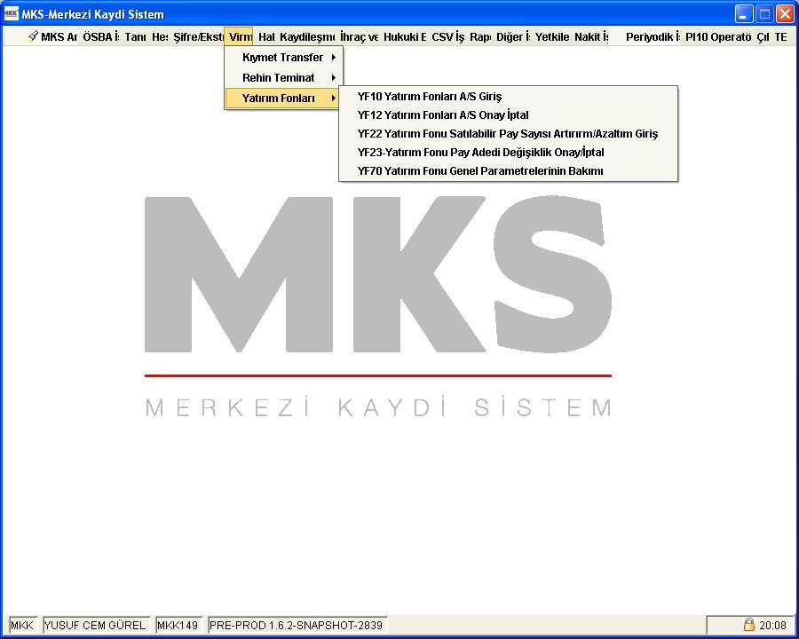 (Ekran Görüntüsü-2) İhraçcı kurum kullanıcısı MKK sistemine bağlandığında Virmanlar, Kaydileşme Bildirimleri, Halka Arz, Raprlar, Yetkilendirme ve AKTEST Hk.