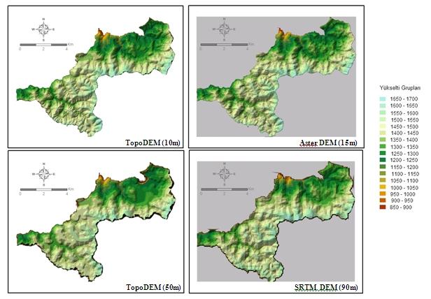 ve vadilerin gerçek özelliklerini yansıtmada yetersiz olduğu, SRTM DEM (90m) verisinin de gerisinde kaldığı tespit edilmiştir.