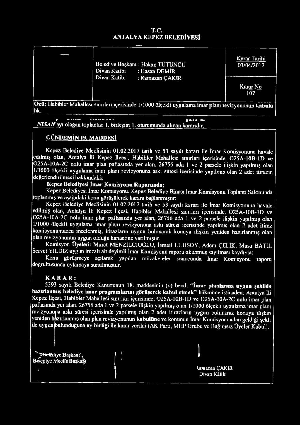 oturumunda alınan karandır. GÜNDEMİN 19. MADDESİ Kepez Belediye Meclisinin 01.02.2017 tarih ve 53 sayılı karan ile İmar Komisyonuna havale edilmiş olan. Antalya İli Kepez İlçesi.