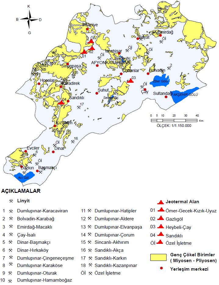 Miyosen-Pliyosen yaşında gölsel kaya birimleri ile kömür sahaları ve sıcak su kaynakları haritası (MTA, 2009). Şehrin su kapasitesi: 741 l/s, Depo kapasitesi: 12.