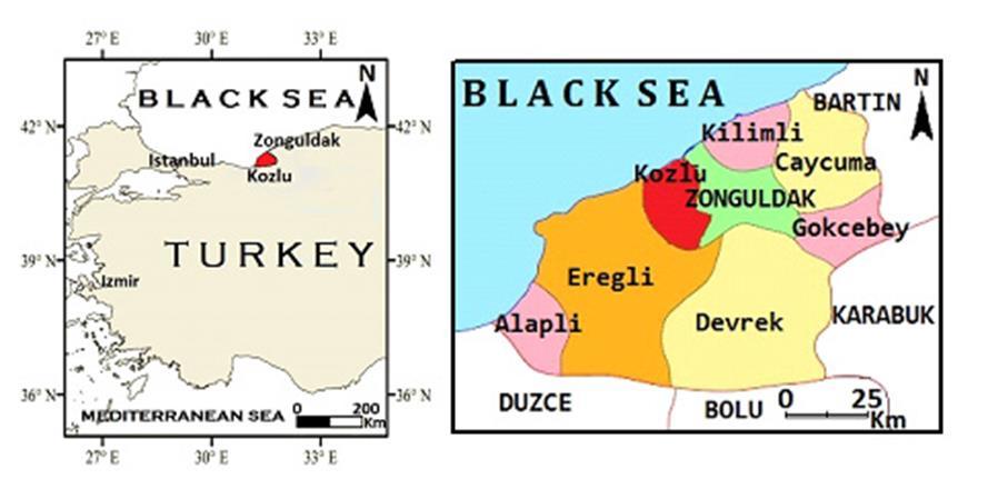 2. Çalışma Alanı Kozlu İlçesi, Karadeniz Bölgesi nde yer almakta olup, Zonguldak İli, Kozlu Belediyesi idari sınırları içindedir. Kozlu ilçe sınırları, 41-27 K. enlemleri ile 31-49 D.