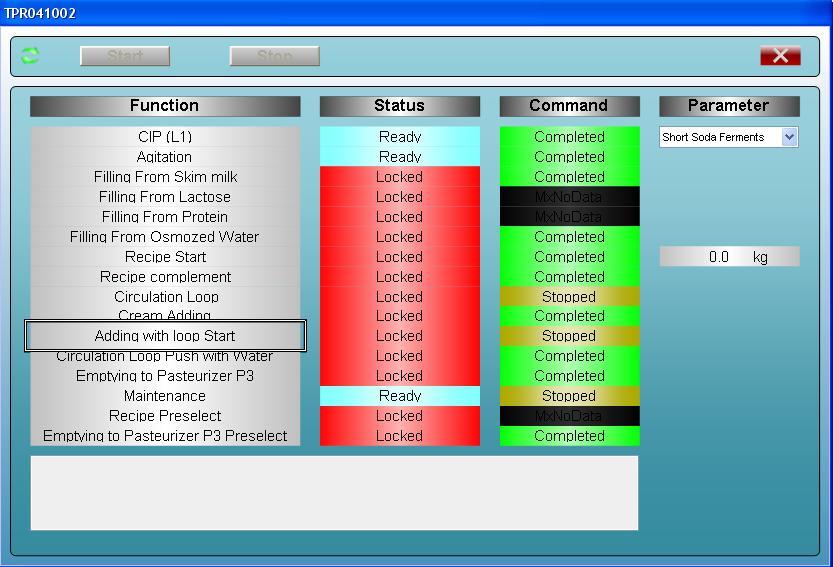 30.04.2012 00-5-9 ÜRT.04.01 TP 01 5- Yağsız süt krema ve konsantre dolumu bittikten sonra TPR fonksiyon penceresinden (ADDING WITH LOOP START) Sirkülasyon ile ekleme fonksiyonu çalıştırılır.