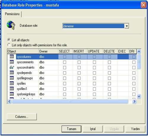 çıkar. Solda sıralanan nesneler üzerinde; seçme, ekleme, güncelleme, silme gibi izinleri ayarlayarak tamam düğmesini tıklayalım. BİR VERİTABANI ROLÜNÜ KALDIRMAK 6.