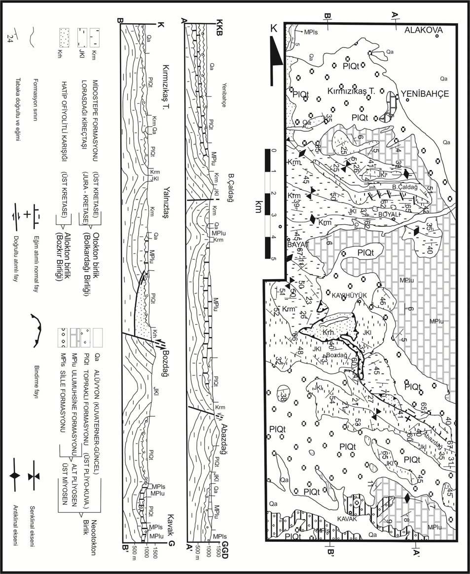 Alakova Kavak Arasinin (Konya Güneyi) Tektono Stratigrafisi 29 Şekil 3. İnceleme alanının jeoloji haritası ve jeolojik enine kesitleri. Figure 3.