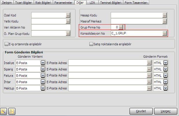 Cari Hesap Kartı Konsolidasyon Kodu Cari Hesap kartlarını gruplamak amacıyla seçilen kodlardır. Cari Hesap Kartı Konsolidasyon Kodu na, Cari Hesap Kartı Diğer alanından ulaşılır.