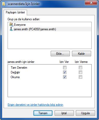 Temel İşlemler 6 Girilen kullanıcıyı seçin, Değiştir ve Oku izinlerini seçin ve OK tuşuna tıklayın. Windows XP'de 8.adıma gidin.