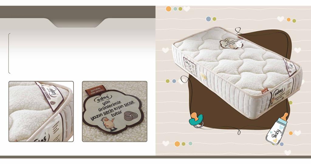 Wool Line Baby Yatak Organic Mattress Ürün Kodu: 409 * Yatağımızın kapitonesinde %100 Saf Post yün kullanılmıştır. * Yün yataklarımızda kullanılan yün DOĞAL TERMAL KLİMA görevi yapar.