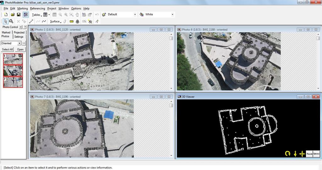 95 fotoğraf içinden, kiliseyi parça parça değil de tam tepeden ve bütün olarak gören 3 fotoğraf seçilip, plakalara verilen koordinatlarla işaretlenip ve dengelenip çatı modellemesi yapılmıştır (Şekil