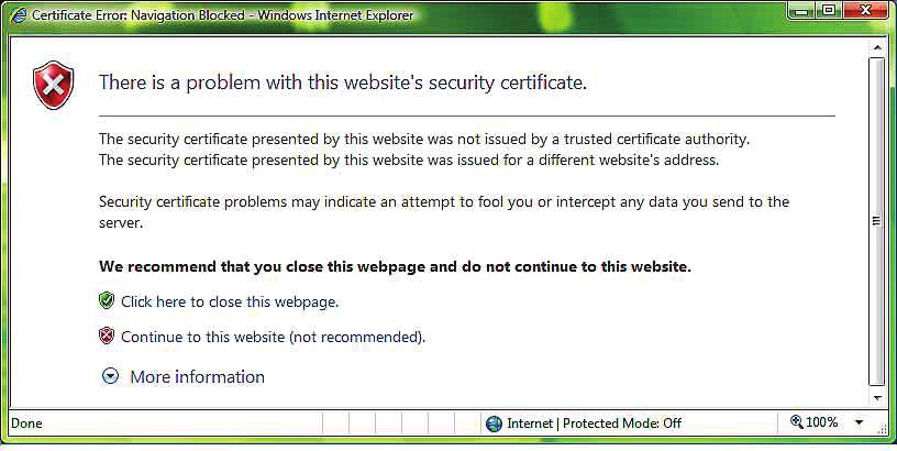 Internet Explorer 7, Internet Explorer 8 veya Explorer 9 kullanıldığında Kamera IP adresi girdiğinizde, kamerada ayarlı sertifika durumuna göre Certificate Error görünebilir.