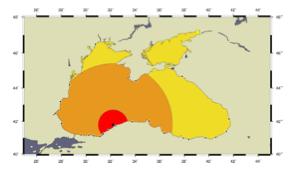 NEAMWave14 de KRDAE nin Karadeniz için uygulamaya soktuğu tsunami senaryosuna ait uyarı seviyesi haritası (sol) ve ilk dalga varış zamanı haritası (sağ).