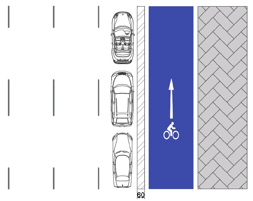Şekil 18 - Bisiklet Yolunun Araç Park Yeri Yanında Bulunması Durumu Araç hız sınırının 50 km/sa dan fazla olduğu yerlerde taşıt yolu kenar şerit çizgisi ile bisiklet yolu arasında, taşıtların