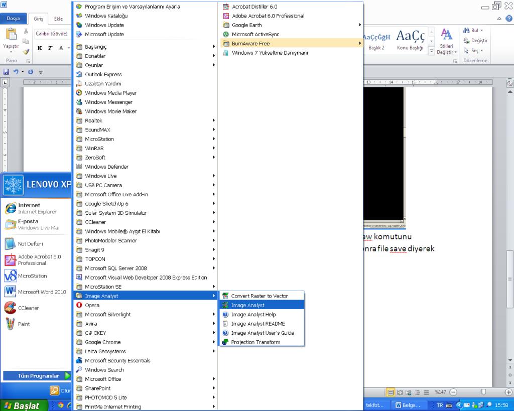 İmage Analyst Programının çalıştırılması: Başlat Tüm programlar komutun altından image analyst programı seçilerek programa giriş yapılır.